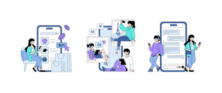 Vector illustration depicting online shopping, social media interaction, and messaging on mobile...