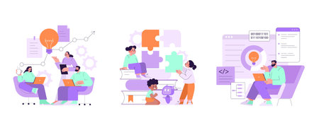 Vector illustration depicting teamwork in a brainstorming session, collaborative learning with books and puzzles, and programming analysis. Highlights problem-solving, education, and creativity.のイラスト素材