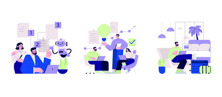 Illustrative scenes of professionals using technology for teamwork and brainstorming. People...