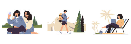 Vector illustrations depicting people in outdoor settings. A duo taking selfies in a park, a solo...