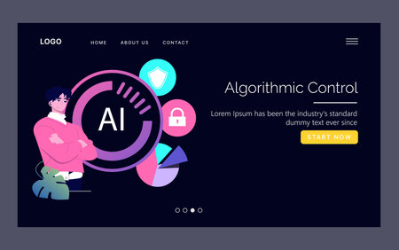 Vector illustration featuring a man confidently standing beside AI-themed graphics, including digital icons depicting algorithmic control. Ideal for technology and artificial intelligence concepts.のイラスト素材