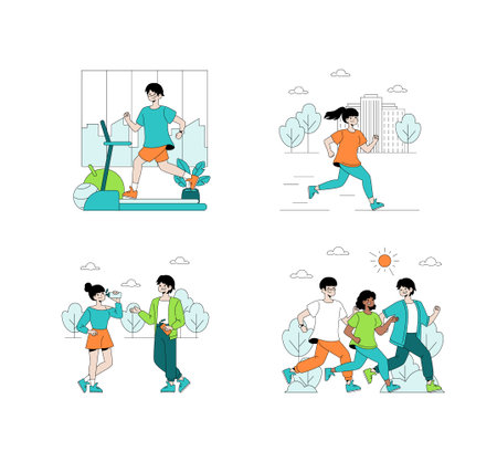 Collection of vector illustrations depicting people engaged in various fitness activities, including running, jogging, and exercising indoors and outdoors. Emphasizes healthy living and social interaction.のイラスト素材