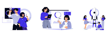 Vector illustration depicting teamwork and innovation with people collaborating, analyzing data, and...