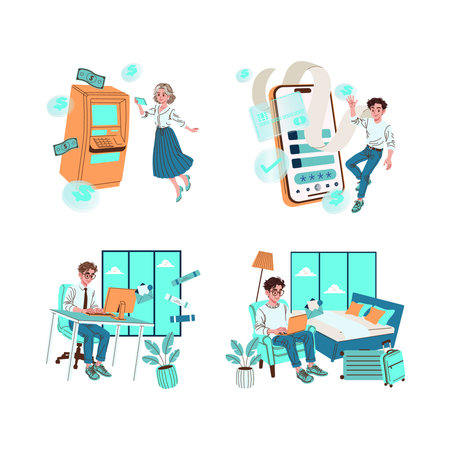 Vector illustration depicting various daily tech and banking activities. Key scenes include using an ATM, mobile banking, working on a computer, and reading a tablet, all with lively expressions.のイラスト素材