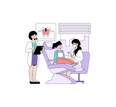 Vector illustration showing a child in a dental chair during a consultation. Two dentists attend to her with smiles, creating a comforting and reassuring environment.のイラスト素材