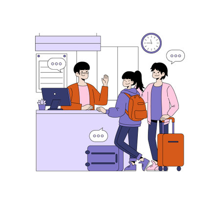 Vector illustration of travelers at a hotel reception desk. A friendly receptionist greets them as they check in, surrounded by luggage and engaging in conversation.のイラスト素材