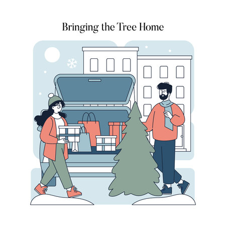 "Vector illustration of a couple loading a car with gifts and a Christmas tree. The scene features a snowy urban backdrop, conveying festive holiday preparation and joy."のイラスト素材