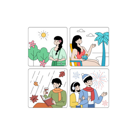 Vector illustration depicting four seasonal activities: enjoying spring flowers, relaxing with...