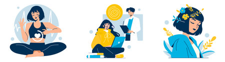 Set of three vector illustrations: a person practicing meditation displaying calmness, a student...