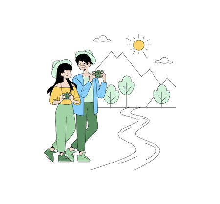 Vector illustration showing a couple enjoying a nature walk in a mountainous landscape with cameras. Sun, trees, and clouds add to the serene outdoor setting.のイラスト素材