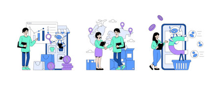 Vector illustration showcasing e-commerce elements with digital charts, global shipping, and...