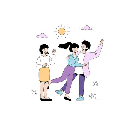 Vector illustration of friends embracing and waving under a bright sun. Cheerful scene with smiling...