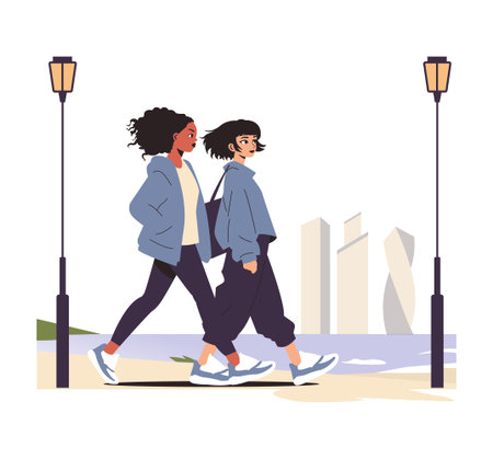 Vector illustration of two friends walking side by side on a city street, surrounded by modern architecture and street lamps. Both appear relaxed and engaged in conversation while enjoying a casual stroll.のイラスト素材