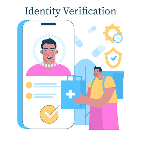 Vector illustration depicting an identity verification process. Features a person interacting with a smartphone displaying facial recognition elements, showcasing digital security.のイラスト素材