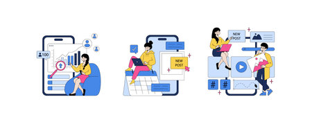 Vector illustration depicting people interacting with digital devices, analyzing growth charts,...