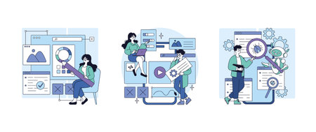 Vector illustration depicting people actively engaged in the UX design process, reviewing interface...