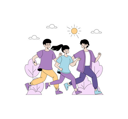 Vector illustration of three people running together outdoors, expressing joy and energy. They are surrounded by nature, enjoying a sunny day, and showcasing lively movement.のイラスト素材