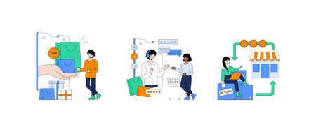 Vector illustration set showing e-commerce shopping scenes. Includes online purchasing, customer...