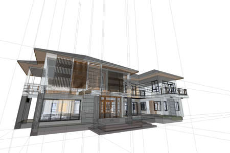 Architecture abstract, 3d illustration,Architecture drawing, asian houseの写真素材