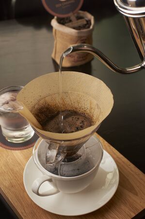 hot coffee on wood tableの写真素材