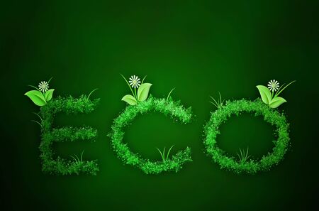 Eco text of green grass and flowers in green background. Ecology theme conceptの写真素材