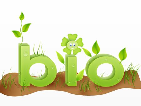 bio text word with grass, flowers and leafes in green colors. ecology conceptの写真素材