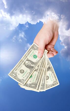 God giving money. Financial Help from the sky. Humor themeの写真素材
