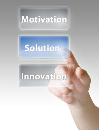 Man hand push on solution, innovation, motivation button'sの写真素材
