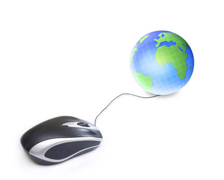 Earth globe connected with computer mouseの写真素材