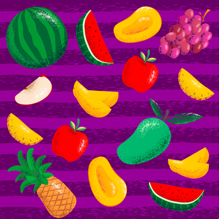 Set fruits pattern with vintage style botanical hand drawn illustration on a purple background. Can use for fabric, fashion, cafe, restaurant, & fruits market.のイラスト素材