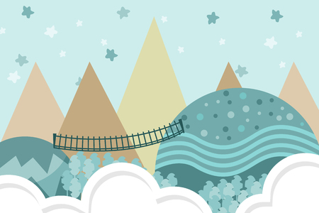 Illustration of kids background with air balloon and forest hillの写真素材