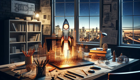 Rocket launch in office interior. Startup concept. 3D Renderingの素材