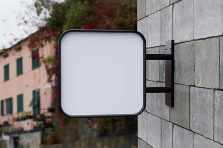 Blank Square Store Signboard, Empty Shop Logo Sign On The Wall. 3d Rendering