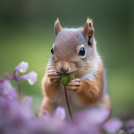 A squirrel with a red face is eating a flower Generative AI Generatedの素材