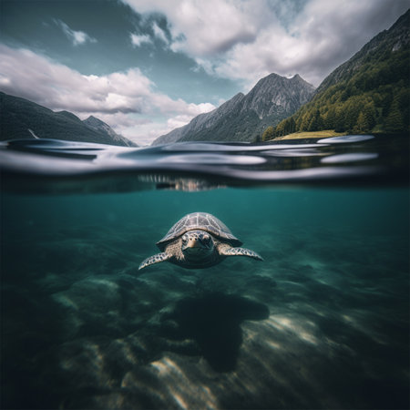 A turtle swimming under water Generative AI Generatedの素材