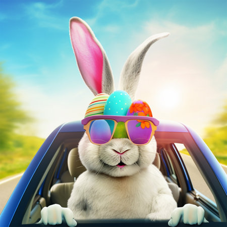 A white rabbit wearing a colorful sunglasses Generative AI Generatedの素材