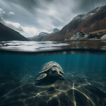 A turtle is swimming under water Generative AI Generatedの素材