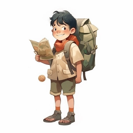 A boy with a backpack and a map Generative AI Generatedの素材