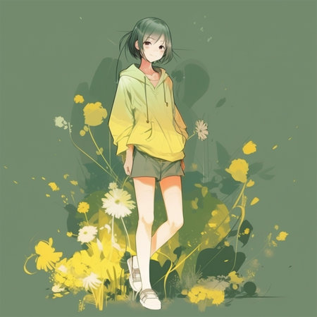 A girl with a green shirt Generative AI Generatedの素材