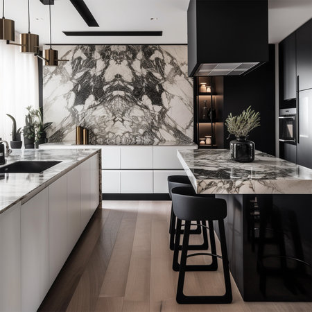A black and white kitchen with a large wall behind Generative AI Generatedの素材