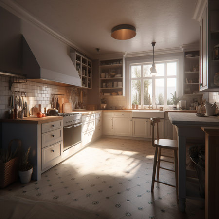 A kitchen with a large window Generative AI Generatedの素材