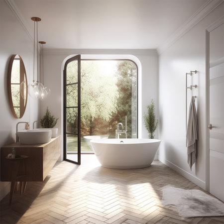 A bathroom with a large window Generative AI Generatedの素材
