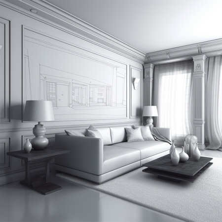 A white room with a couch and a lamp Generative AI Generatedの素材