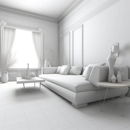 A white living room with a couch and a table Generative AI Generatedの素材