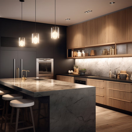 A kitchen with a large island with a light hanging from the ceiling Generative AI Generatedの素材