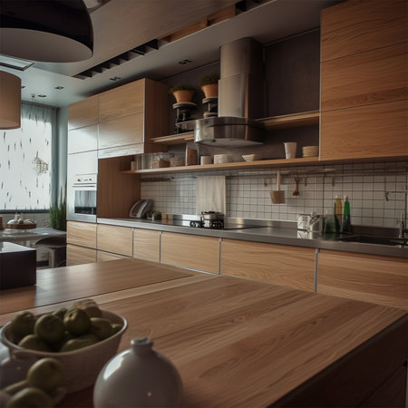 A kitchen with a white tile wall Generative AI Generatedの素材