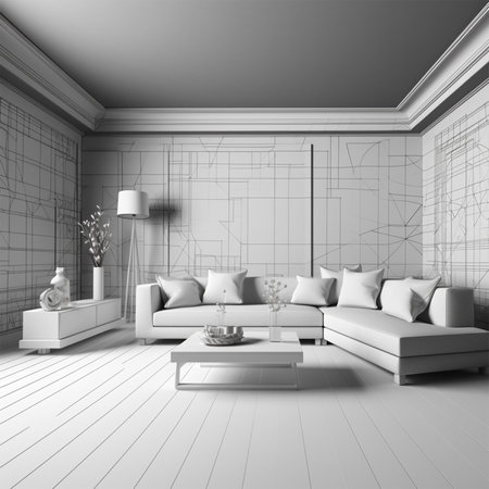 A living room with a couch and a coffee table Generative AI Generatedの素材