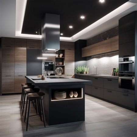 A kitchen with a black counter and a white light Generative AI Generatedの素材