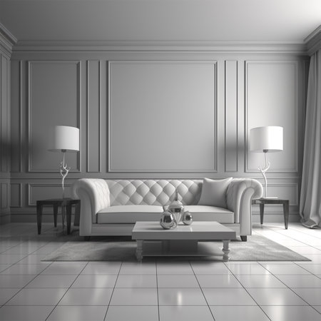 A living room with a couch and a table Generative AI Generatedの素材