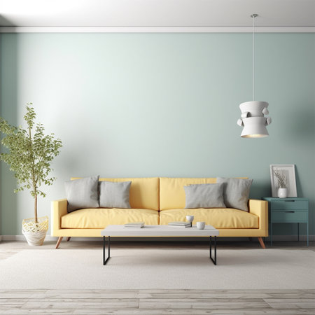 A living room with a couch and a table Generative AI Generatedの素材